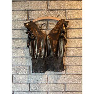 Shiny Black Metallic V-Neck Top With Ruffle Sleeves & Smocked Waist
